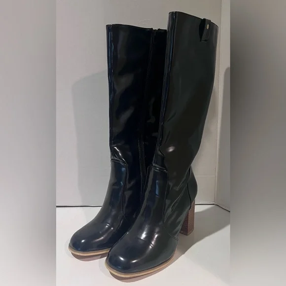 Leila Stone Vegan Black Patent Leather Cynira Knee-High Boots Block Heel Size 10 - Picture 6 of 12
